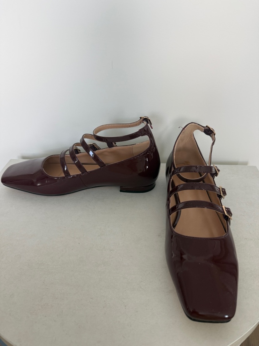 Patent Leather Triple-Strap Flats in Burgundy